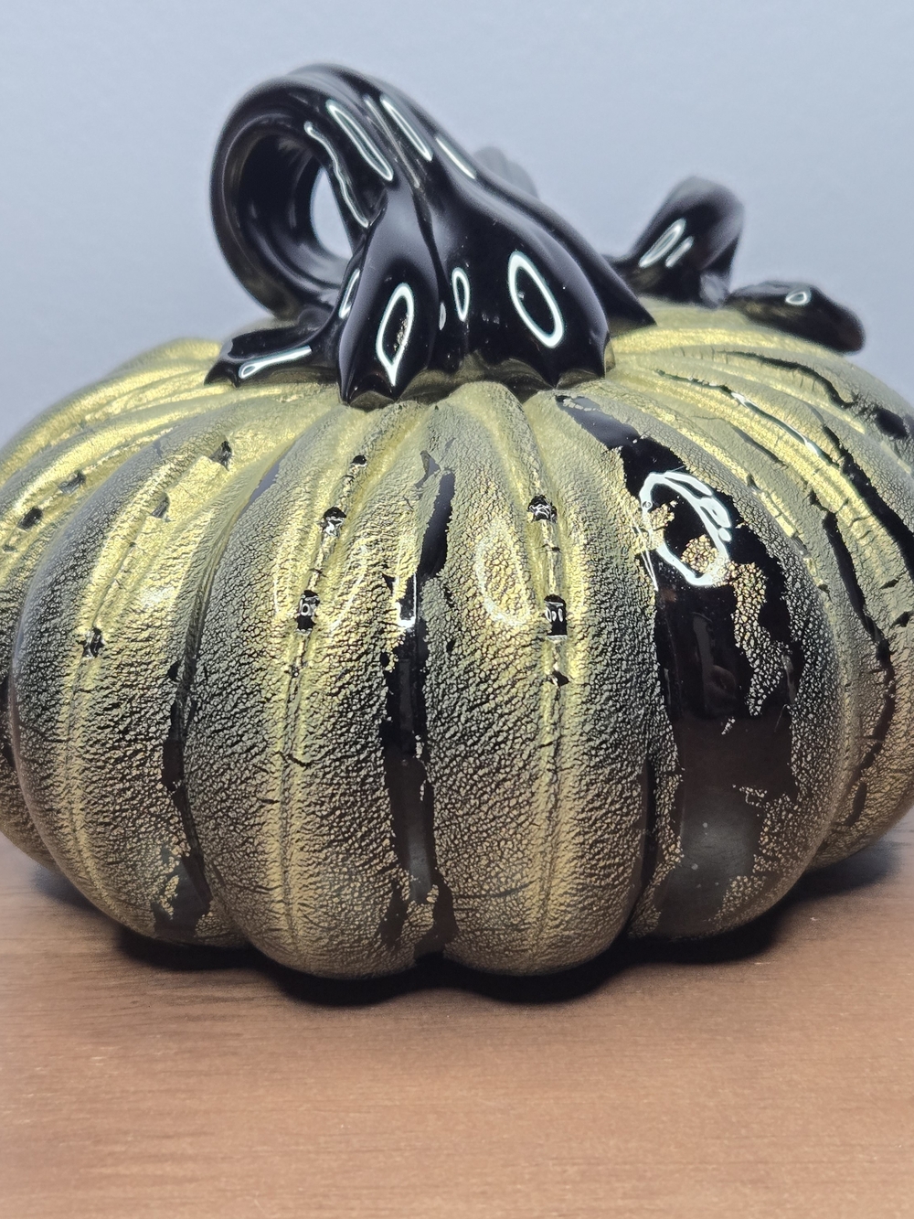 Hand Blown Black and Painted Crackle Gold Pumpkin Decor Fall Home Art